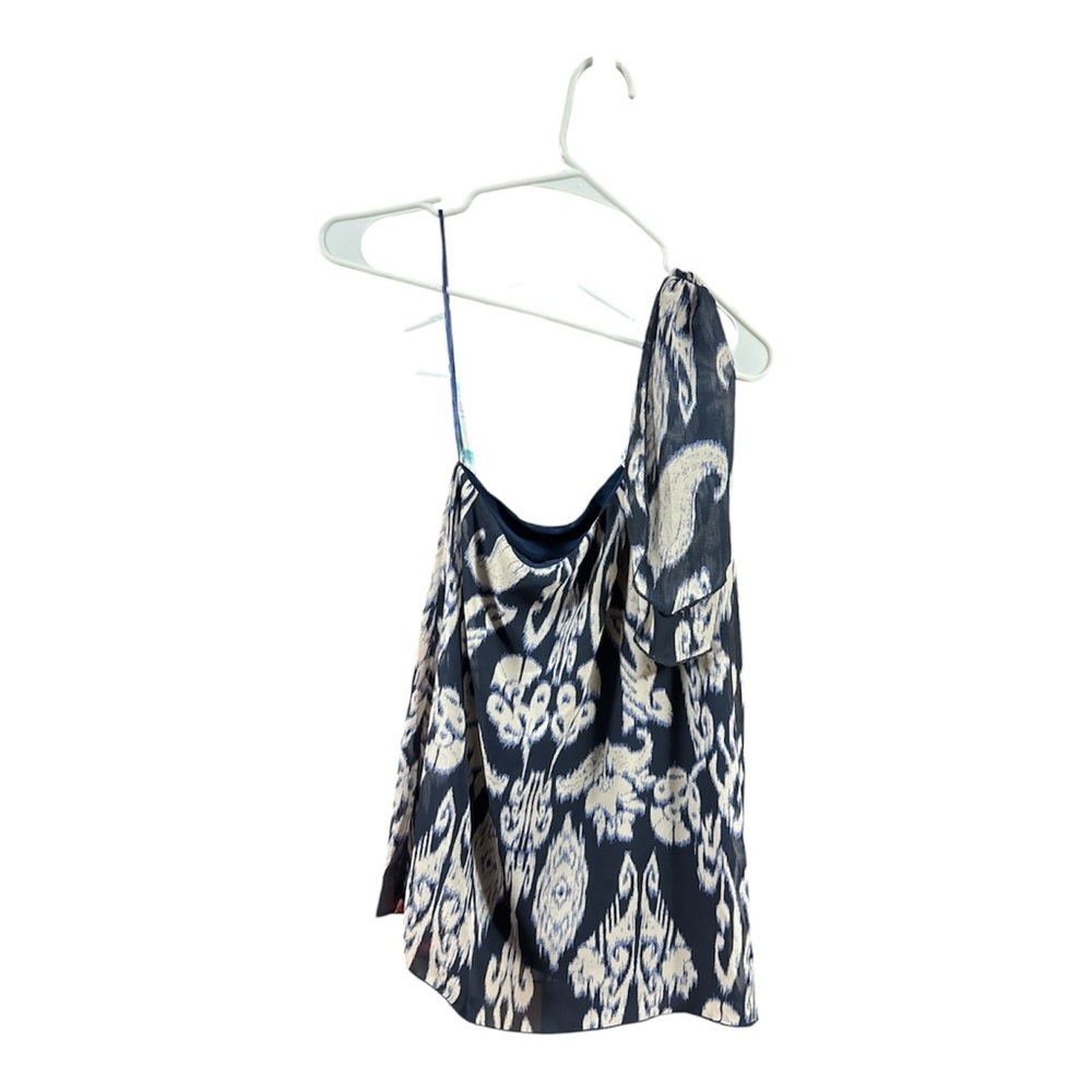 3RD + MALT One Shoulder Ikat Print Blouse XL NWT Navy Beige Sheer Overlay